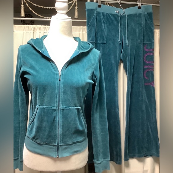 Juicy Couture Teal Velour Hoodie Flare Pants 36 x 31 Tracksuit